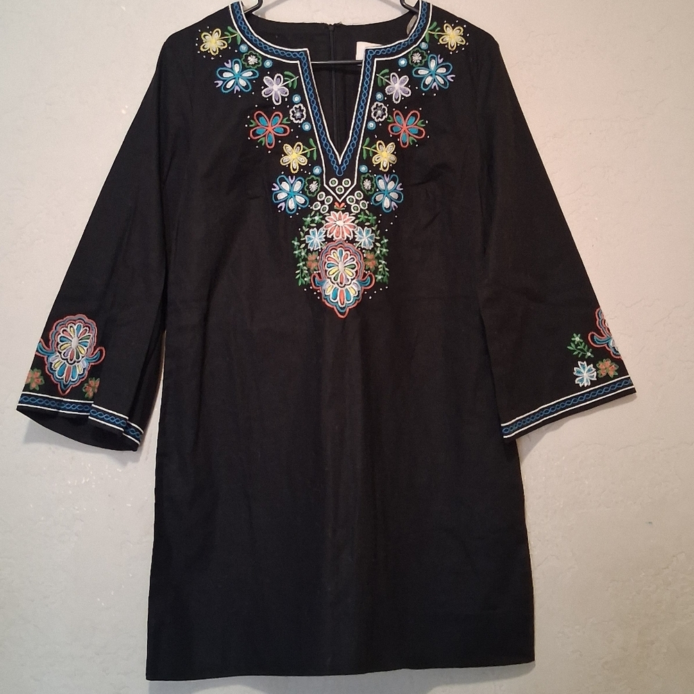 ECI New York Women Tunic Linen‎ Blend Black Embroidered Boho Sz6